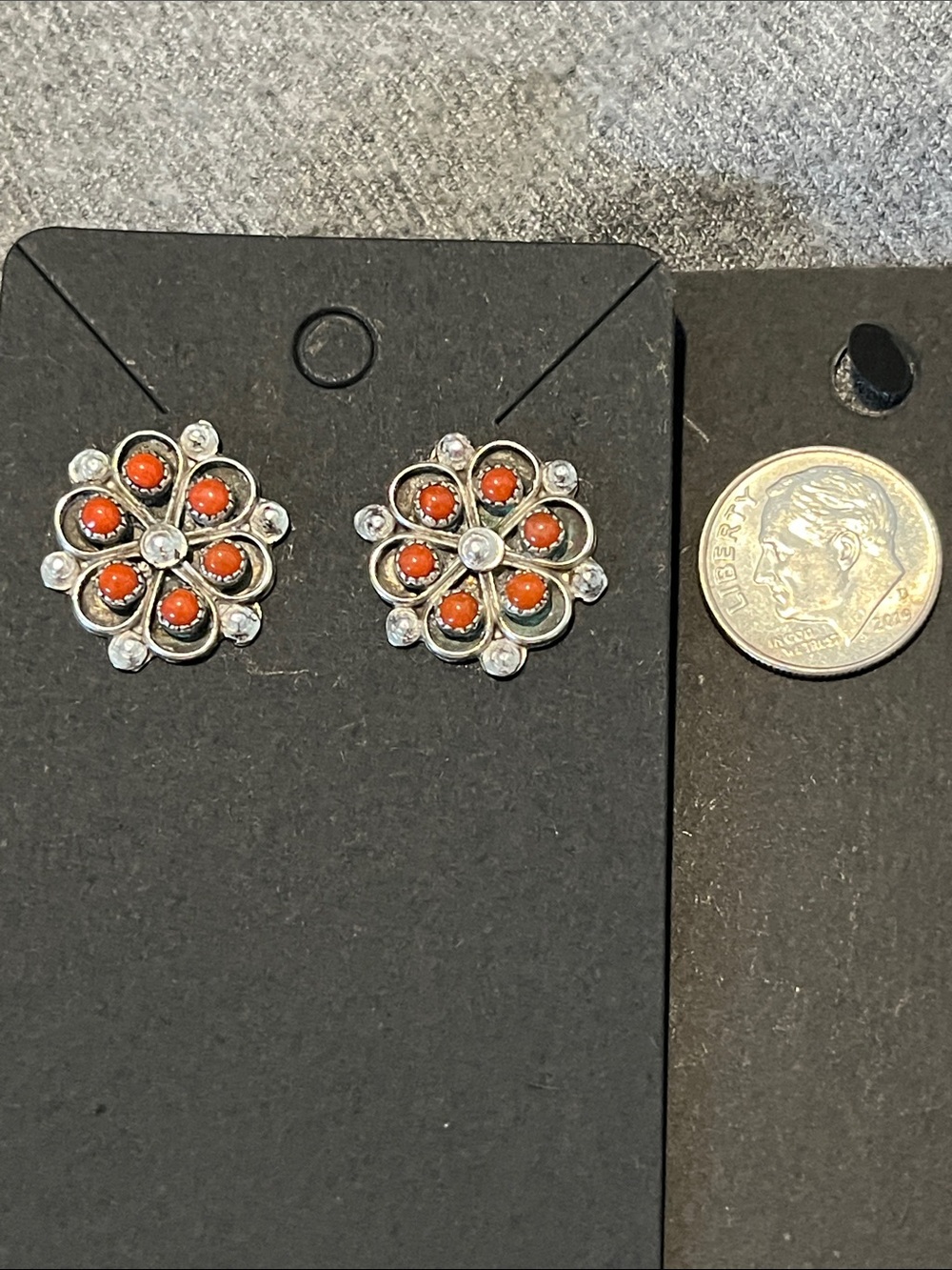 Zuni Red Coral Sterling Rosette Earrings - Picture 2 of 7